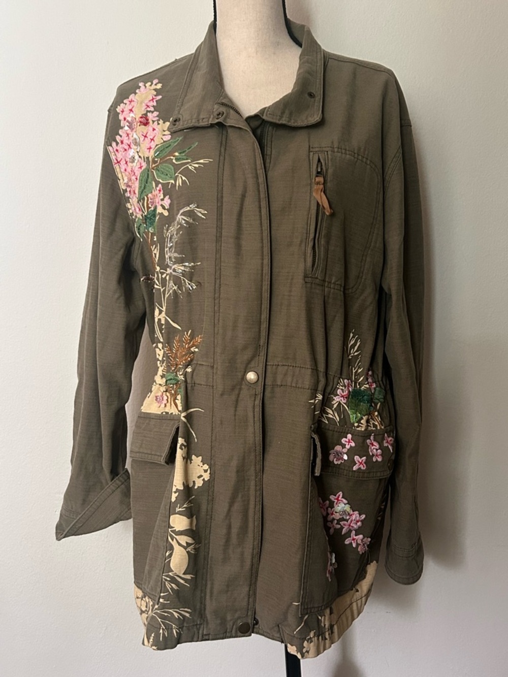 Anthropologie Olive Army Green Beaded Floral Utility Jacket Cottagecore Parka